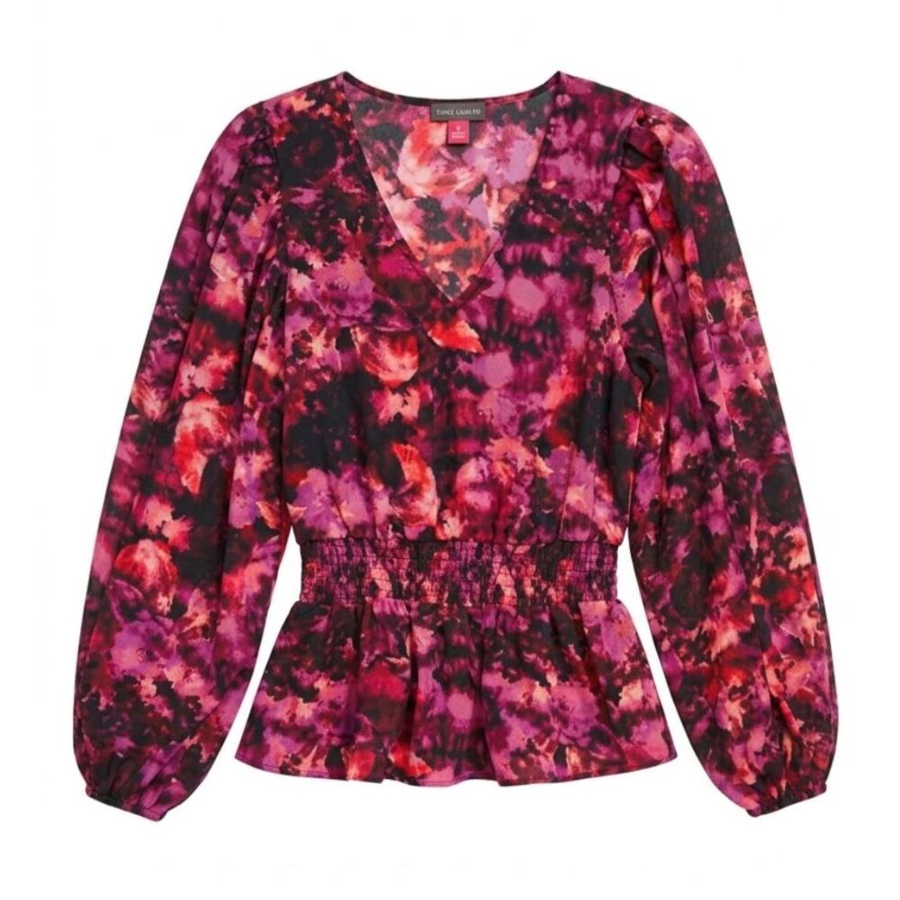 Vince Camuto Floral Smocked Waist Peplum Top Fuchsia Black Balloon Sleeve S EUC